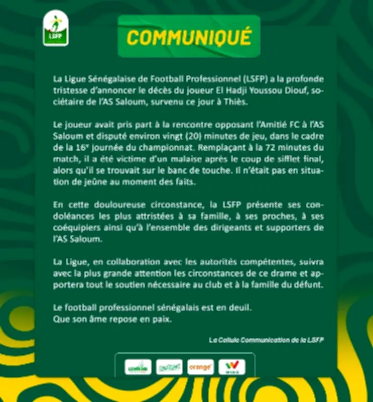 وفاة لاعب كرة قدم سنغالي بعد نهاية مباراة فريقه في الدوري المحلي