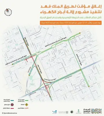 إغلاق مؤقت لطريق الملك فهد بالرياض لتنفيذ أعمال مشروع المسار الرياضي