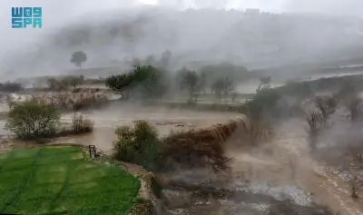 أمطار غزيرة وبرد كثيف يضربان عسير وتجري الأودية وتكسو المدرجات الزراعية بالبياض