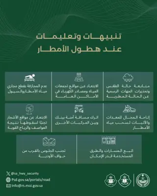 أمن الطرق يحذر من أمطار غزيرة ورياح تحد الرؤية ويصدر تعليمات سلامة