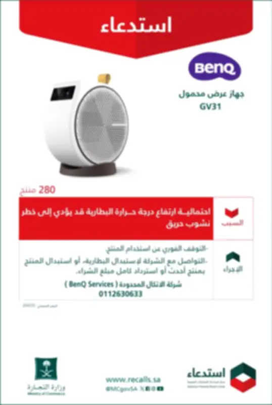 استدعاء 280 جهاز عرض BenQ GV31 لخطر حريق البطارية