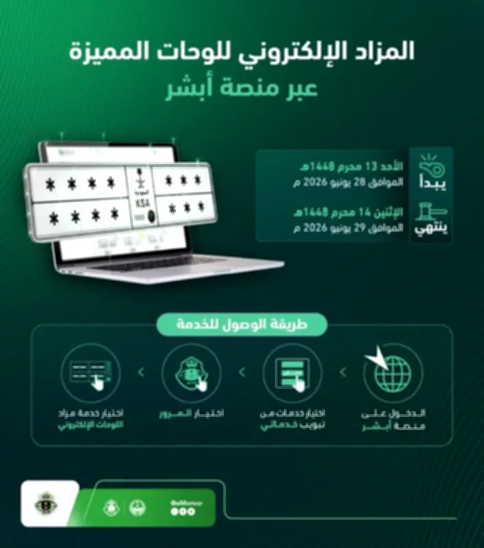 المرور يفتح مزاد اللوحات المميزة إلكترونياً عبر منصة أبشر