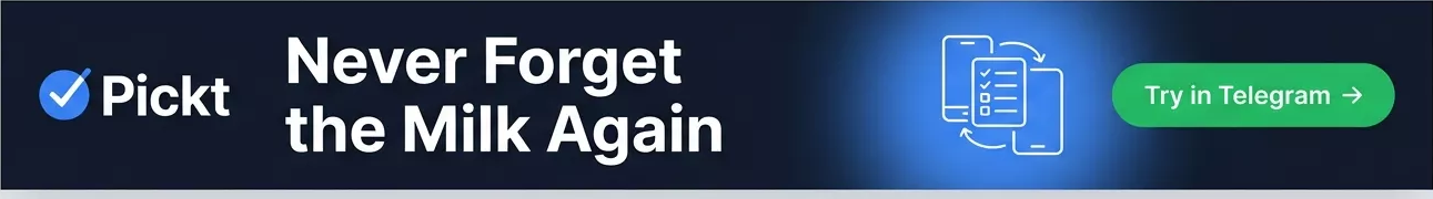 بانر هيدر Pickt — تطبيق قوائم تسوّق تعاونية عبر تيليجرام